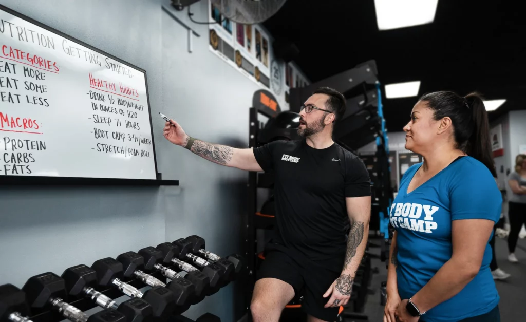 Man and woman discussing Nutrition at Fit Body Boot Camp
