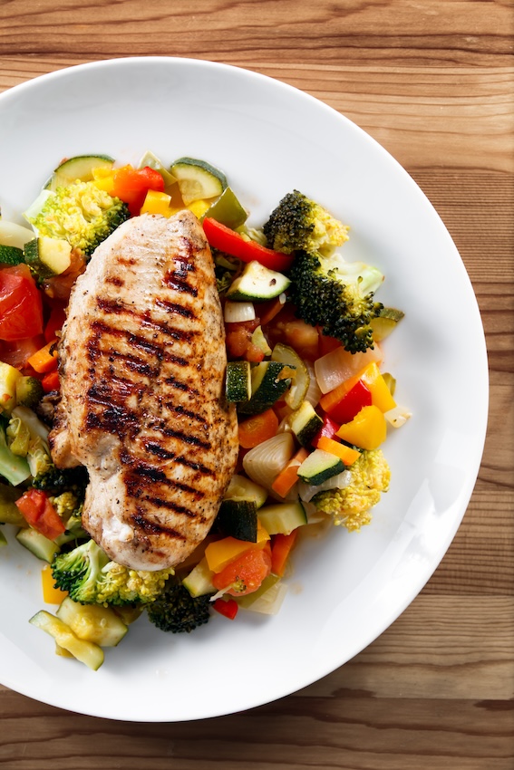 Chicken and vegetables on white plate as a healthy meal