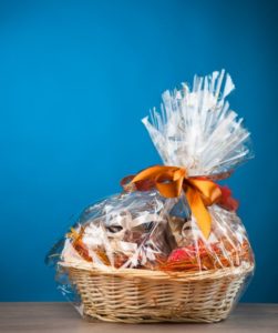 gift basket against blue background